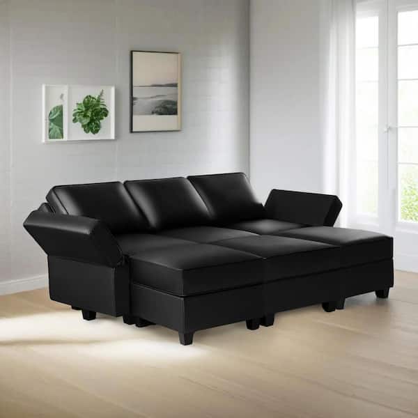 87.01 in. W Faux Leather Sofa with Triple Ottoman Streamlined Comfort for Your Sectional Sofa in Black
