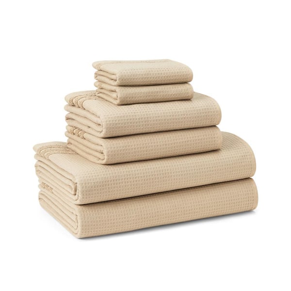 Small Waffle Woven Terry Stripe Taupe Cotton 6-Piece Bath Set