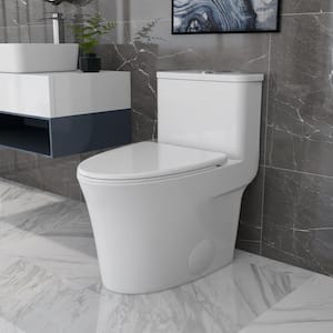 Symmetry 12 in. Rough in Size 1-Piece 1.28 GPF Single Flush Elongated Toilet in White Soft Closed Seat Included Round