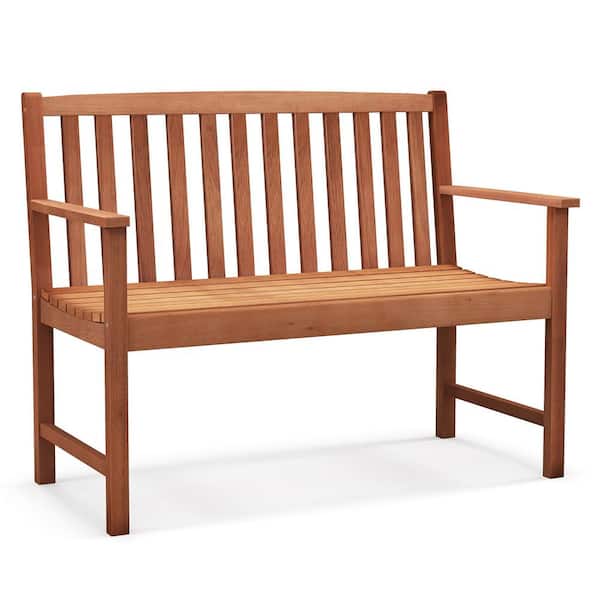 Gymax Patio Wood Bench 2-Seat Outdoor Bench with Cozy Armrests and Backrest