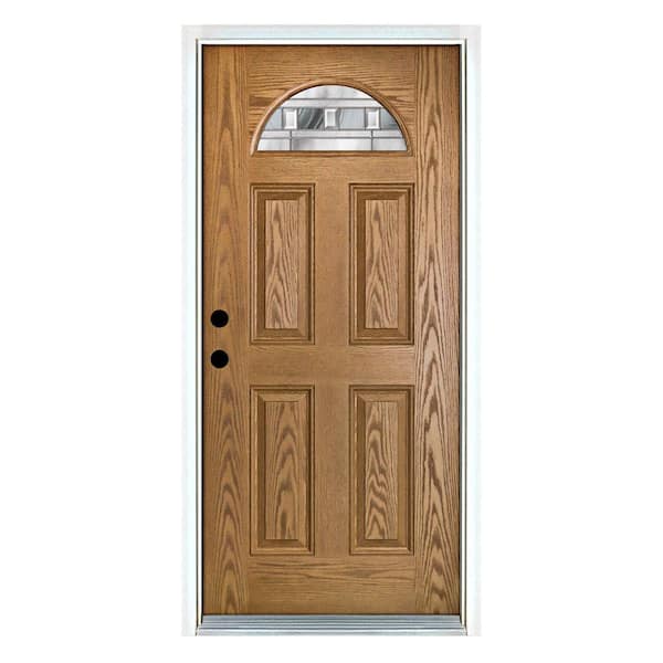 MP Doors 32 in. x 80 in. Right-Hand Inswing Fan Lite Savana Decorative Glass Light Oak Stained Fiberglass Prehung Front Door