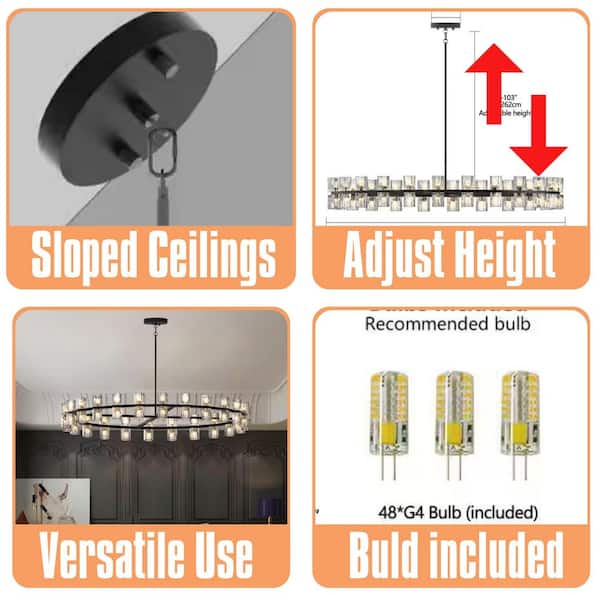 48 in. Black LED Crystal Chandelier, Large Farmhouse Wagon Wheel,Modern Round Dining Room Light by Hoyer(Bulbs Included)