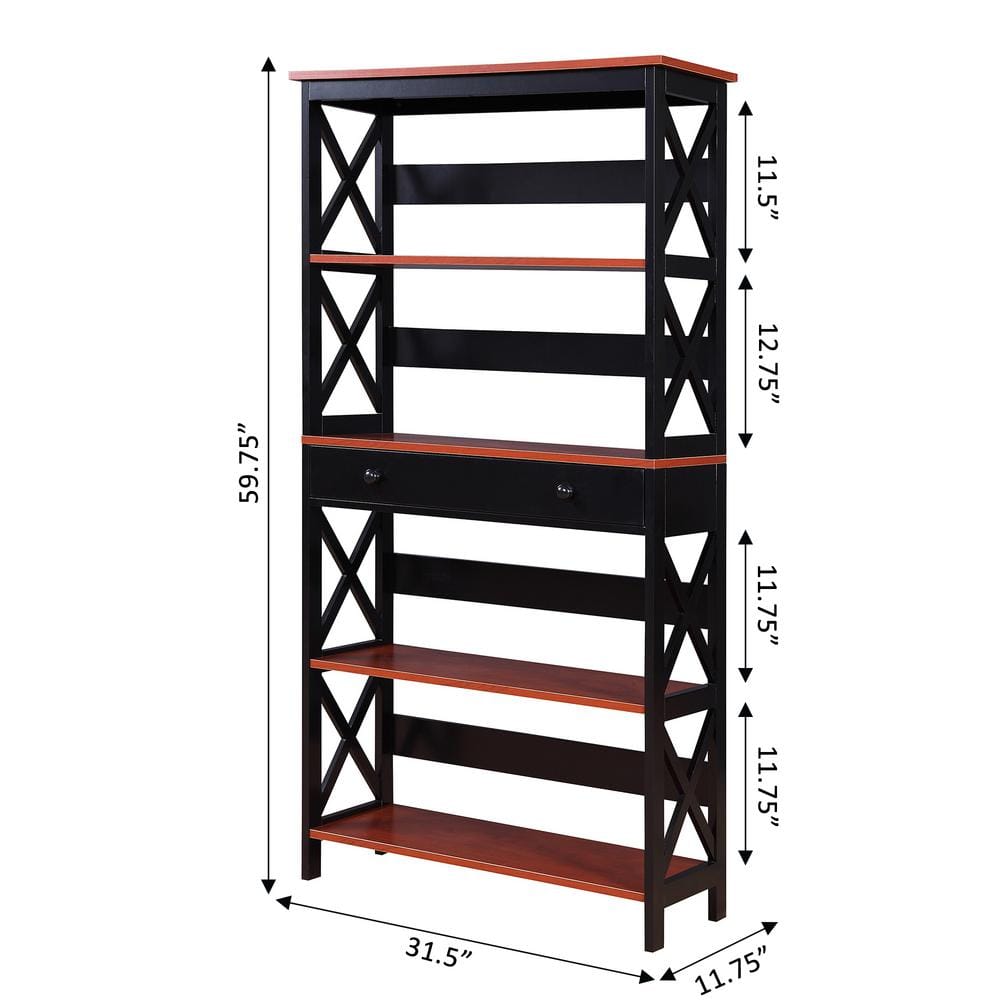 Oxford Modern 5-Tier Cherry & Black Bookcase with Concealed Drawer