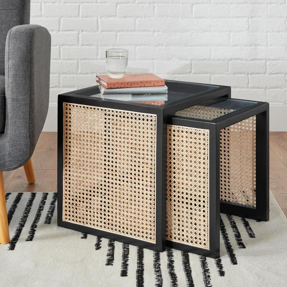 Odell Cane Nested Accent Tables in Black Rattan Set of 2