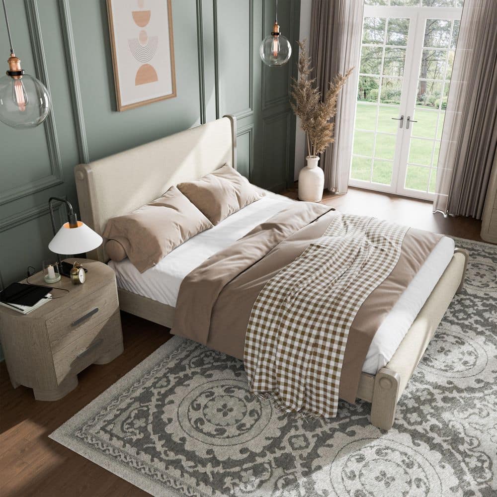 Susan 2-Piece Modern White Oak Wood King Panel Bedroom Set with Nightstand