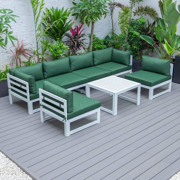 Leisuremod Chelsea 7-Piece Patio Sectional And Coffee Table Set White Aluminum With Green Cushions