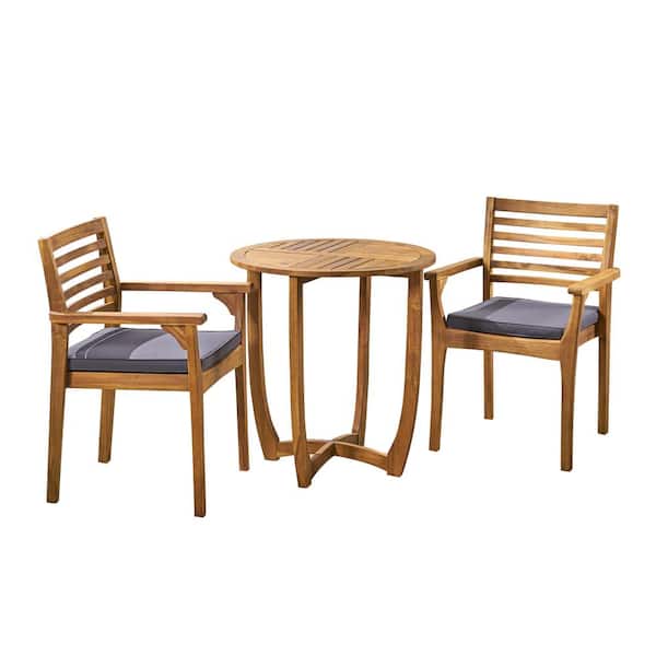 Casa 30 in. Teak Brown 3-Piece Wood Round Outdoor Patio Dining Set with Dark Grey Cushions