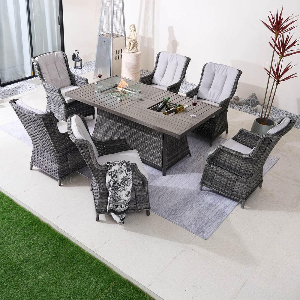 Expired 7-Piece Grey Wicker Rectangular Patio Fire Pit Dining Set with Grey Cushions price history on PriceWatchPro