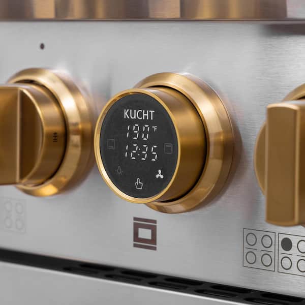 48 in. 6.7 cu. ft. 8-Burner Double Oven Dual Fuel Range Natural Gas in Stainless Steel & Gold Plus Wall Mount Range Hood