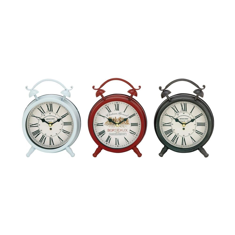 Multi-Colored Vintage Metal Round Tabletop Clocks Set of 3