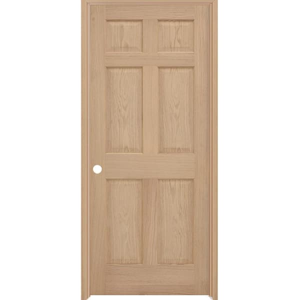 Steves & Sons 30 in. x 80 in. 6-Panel Right-Hand Unfinished Red Oak Wood Single Prehung Interior Door with Nickel Hinges