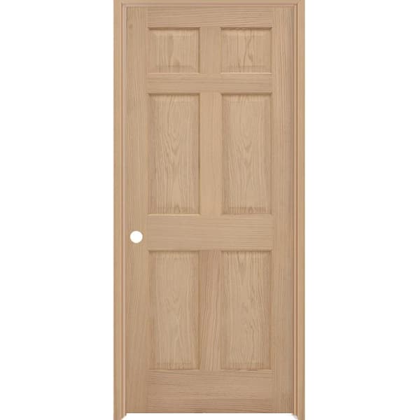 36 in. x 80 in. 6-Panel Right-Hand Unfinished Red Oak Wood Single Prehung Interior Door with Bronze Hinges