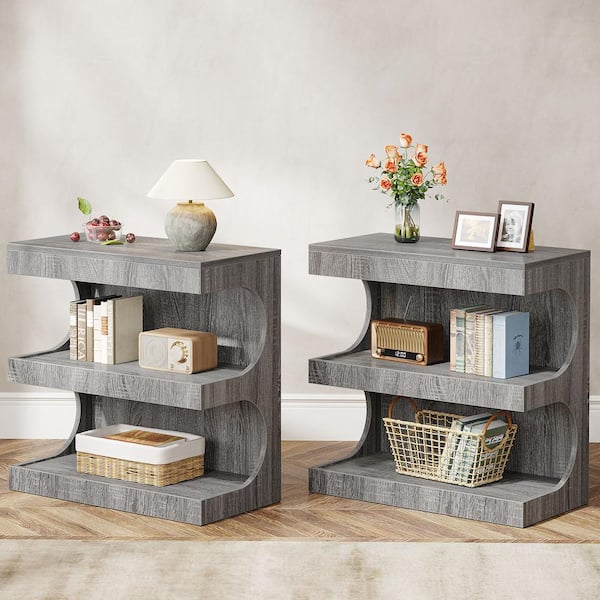 BYBLIGHT Kerlin 23.6 in. Gray Rectangular Wood End Table Bedside Table with 3 Tier Open Shelves for Living Room, Bedroom, 2 Pack