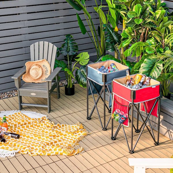 2-Pices Blue and Red Fabric Folding Camping Tables w/Large Capacity Storage Sink for Picnic