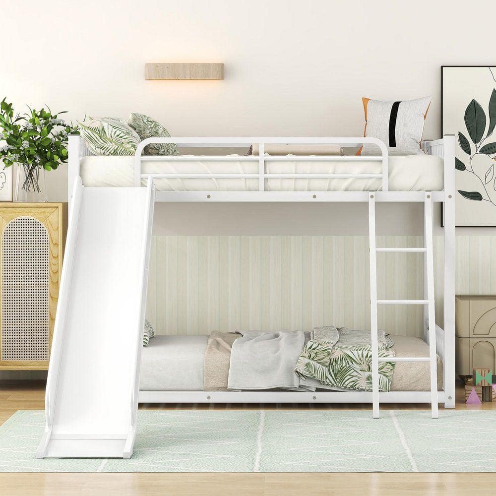 Qualler White Twin over Twin Metal Bunk Bed with Slide and Ladder ...