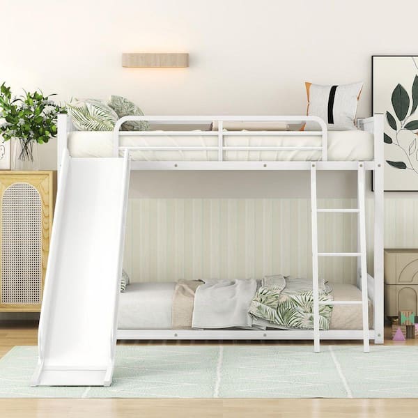 Qualler White Twin over Twin Metal Bunk Bed with Slide and Ladder ...
