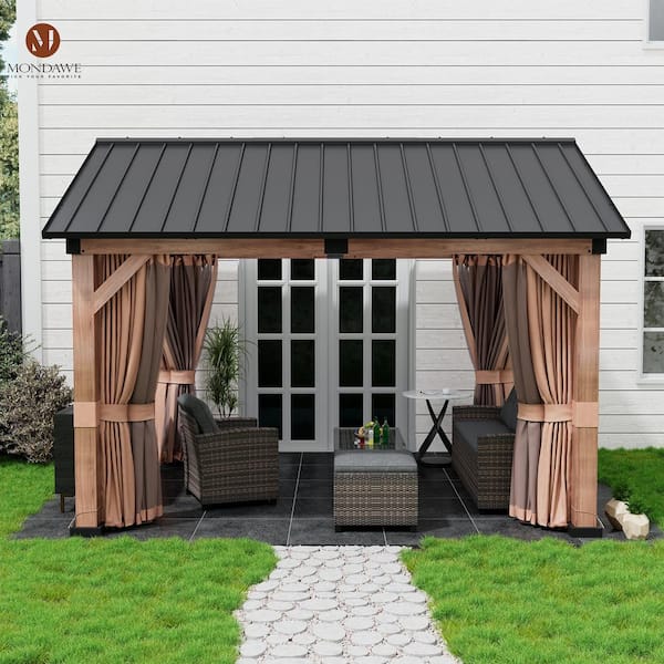 Mondawe 11 ft. x 13 ft. Outdoor Patio Black Galvanized Steel Hardtop Wood Grain Aluminum Frame Gazebo