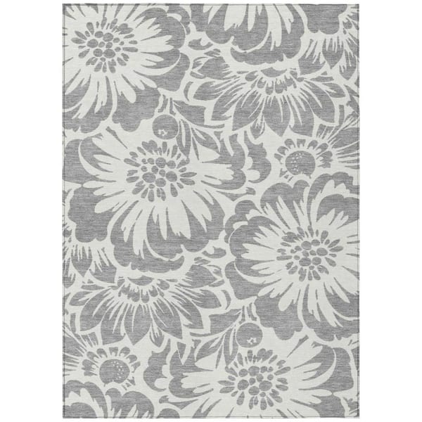 5' X 8' Gray And Ivory Floral Indoor Outdoor Area Rug