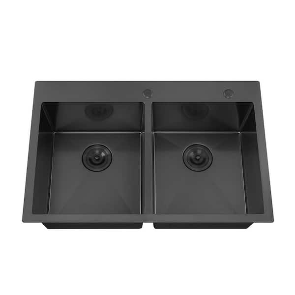 33 in. Drop in Double Bowls 18-Gauge Nano Black Stainless steel Scratch Resistant Kitchen Sink with Strainer
