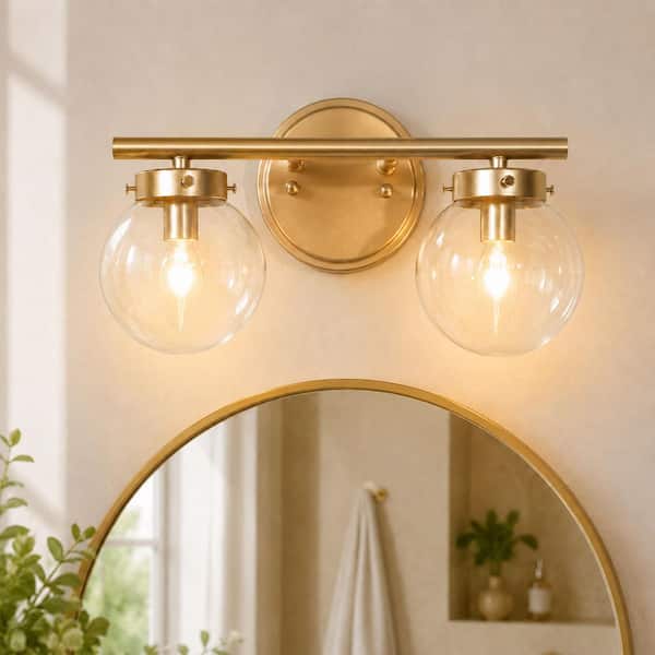 14.2 in. 2-Light Gold Modern Bathroom Vanity Light, Farmhouse Brass Powder Room Wall Light with Globe Clear Glass Shades