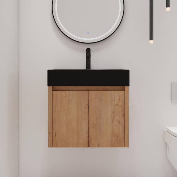 ARTCHIRLY 23.6 in. W x 18.1 in. D x 22.4 in. H Wall-Mounted Bath Vanity in Light Brown with Black Resin Vanity Top