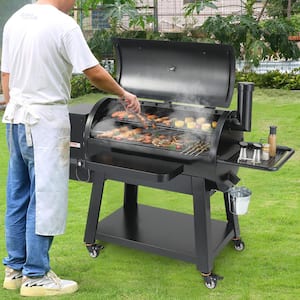 Pellet Smoker 840 sq. in Portable Wood Pellet Grill with Cart 8 in. 1 BBQ Grill, Black