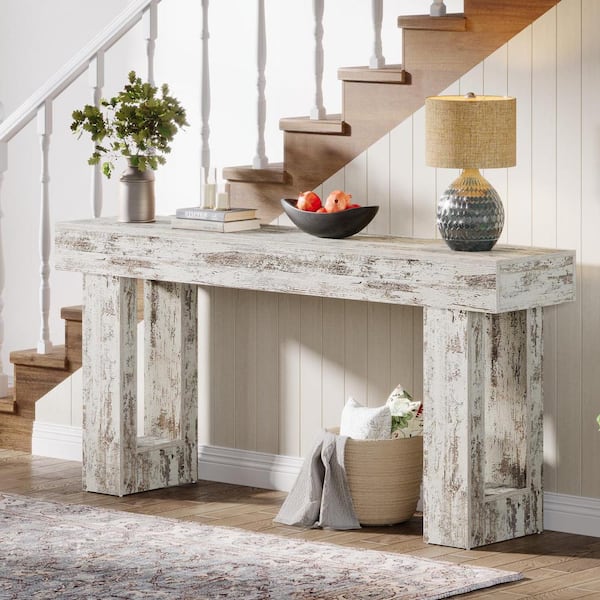 BYBLIGHT Turrella 62.99 in. Distressed White Console Tables, Rectangle Wood Console Table with Wooden Frame for Living Room