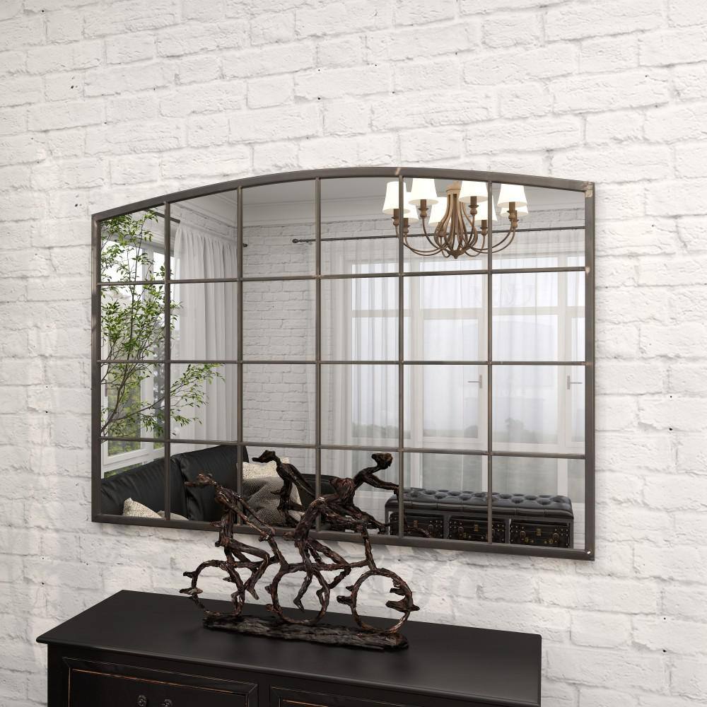 Industrial Black Metal Windowpane Wall Mirror with Arched Top