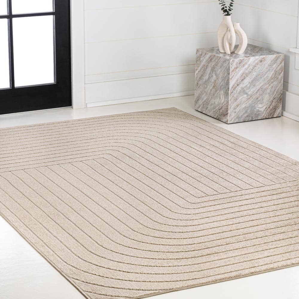 Beige and Cream 8' x 10' Striped Synthetic Area Rug