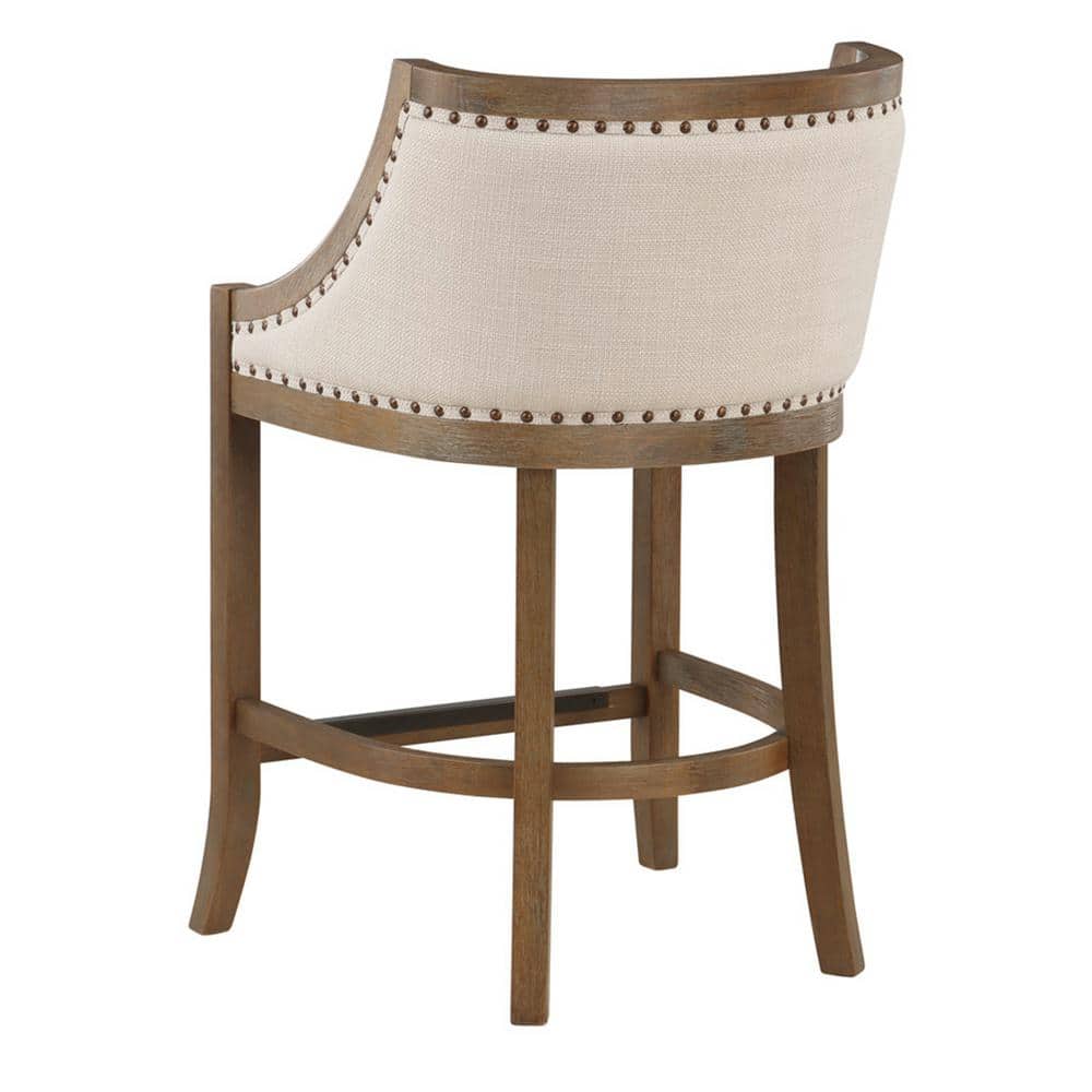 Warm Brown Birch Wood Adjustable Bar Stool with Light Beige Linen Seat