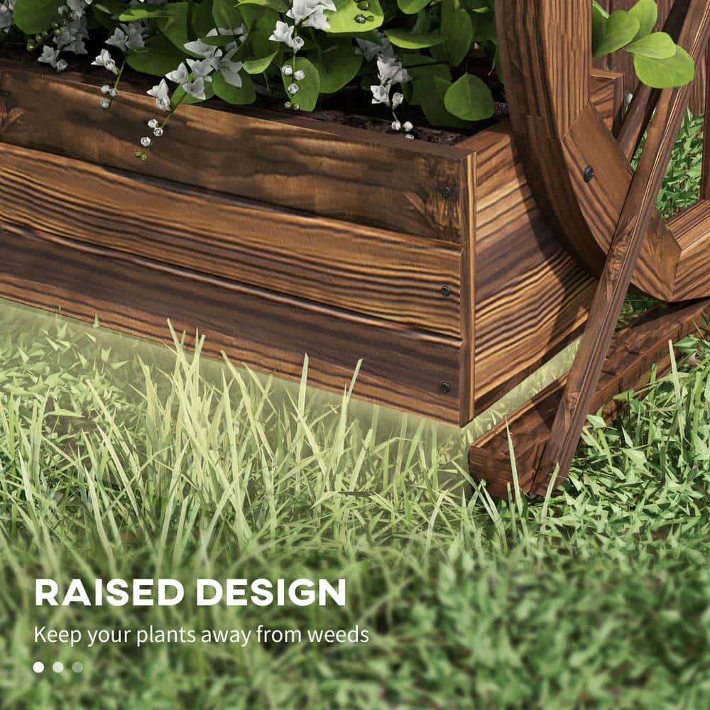 Rustic Dark Brown Wooden Wagon Wheel Planter Box