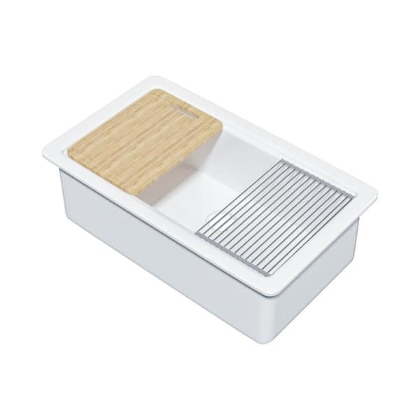 Workstation Kitchen Sink 33 in. Drop-In Single Bowl White Fireclay Kitchen Sink with Cutting-Board and Bottom Grid Drain