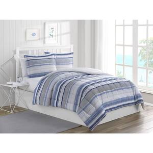 SLEEPandCO. Chase Stripe Blue 3-Piece Brushed Microfiber Comforter Set-Full