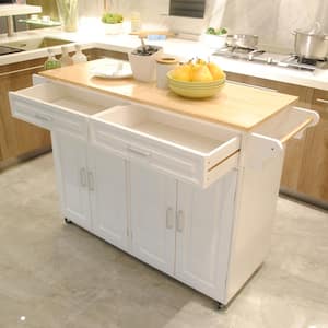 Mobile White Kitchen Island with Rubber Wood Top and Adjustable Shelf Inside