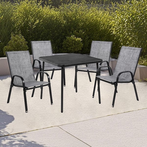 Otryad Metal Outdoor Dining Chair with Armrest and High Backrest in Grey Set of 4 for Garden, Patio, Pool, Beach, Yard