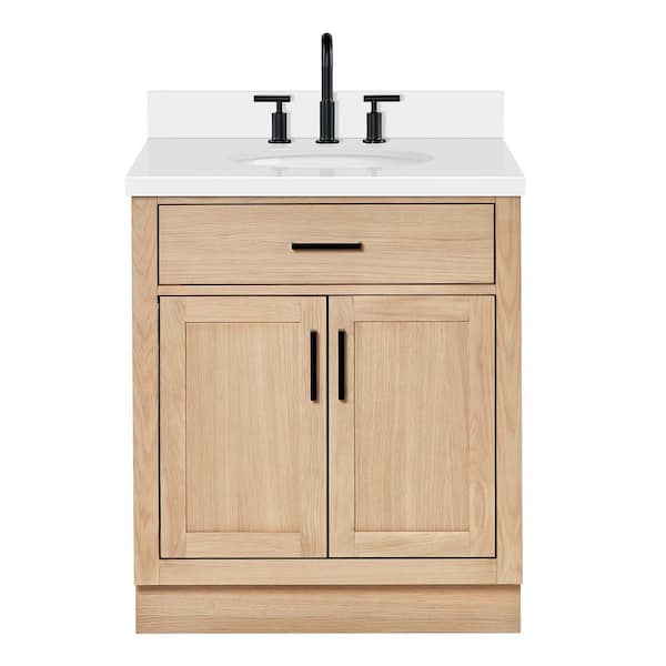 Hepburn 30 in. Single Sink Freestanding Bathroom Vanity in Oak with Pure White Quartz Top