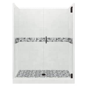 Newport Grand Hinged 32 in. x 36 in. x 80 in. Center Drain Alcove Shower Kit in Natural Buff and Black Pipe Hardware