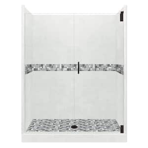 Newport Grand Hinged 34 in. x 60 in. x 80 in. Center Drain Alcove Shower Kit in Natural Buff and Black Pipe Hardware