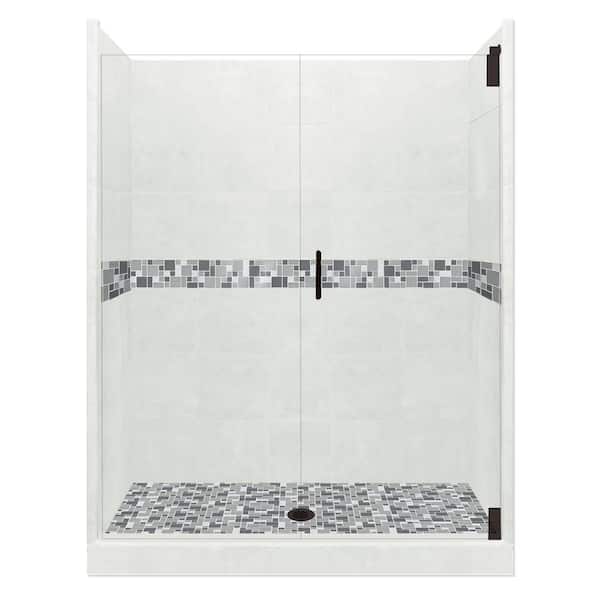 American Bath Factory Newport Grand Hinged 42 in. x 60 in. x 80 in. Center Drain Alcove Shower Kit in Natural Buff and Black Pipe Hardware