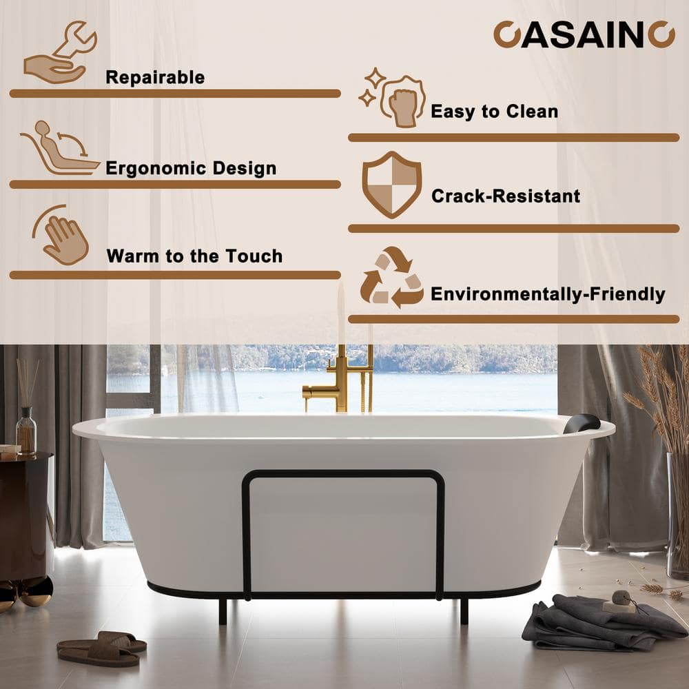 Matte White 67" Freestanding Soaking Bathtub with Black Pillow