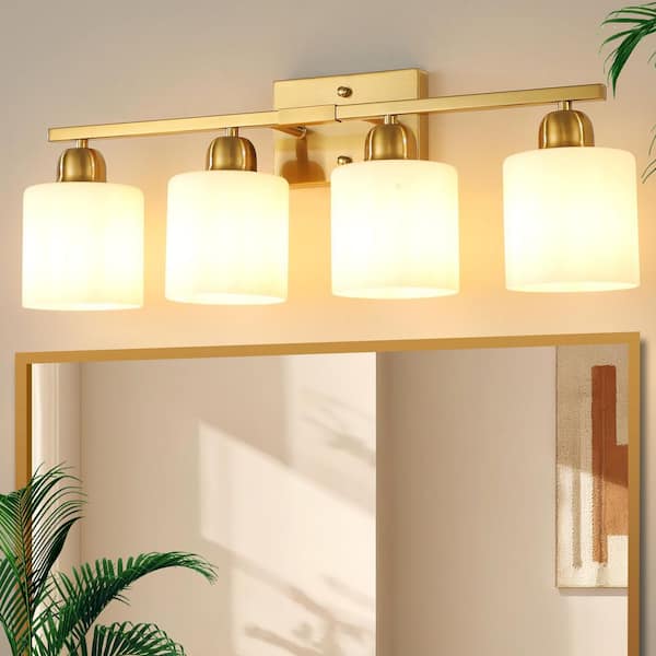 24 in. 4-Light Gold Modern Bathroom Vanity Light Fixture with Milky White Frosted Glass Shades