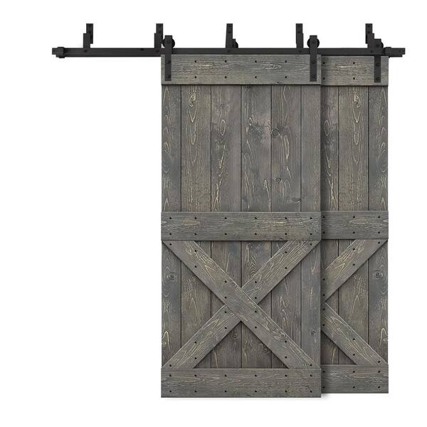 CALHOME 72 in. x 84 in. Mini X Bar Bypass Weather Gray Stained Solid Wood Interior Double Sliding Barn Door with Hardware Kit