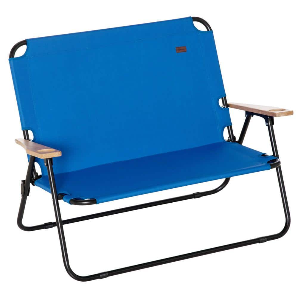 Outsunny Double Blue Folding Chair, Loveseat Camping Chair for 2-People,  Portable Outdoor Chair with Wooden Armrests 84B-859BU