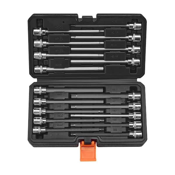 Extra Long Allen Hex Bit Socket Set, 18-Piece 3/8 in. Drive, S2 Alloy Steel and Cr-V Steel, Standard SAE and Metric
