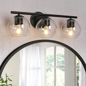 Industrial Black Bathroom Vanity Light, 21.5 in. 3-Light Modern Transitional Globe Wall Sconce with Clear Glass Shades