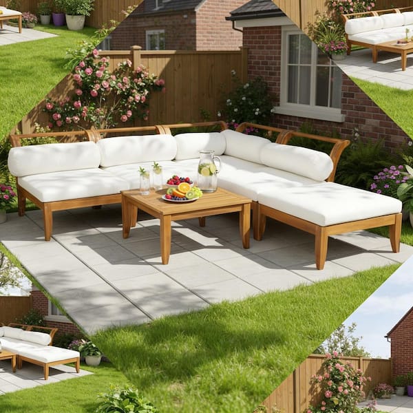 Metal 6 Piece Steel Frame Patio Furniture Set Rattan Outdoor Sofa Set with Soft Beige Cushions Brown