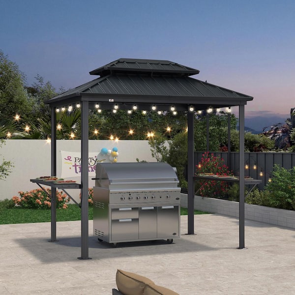 6 ft. x 8 ft. Hardtop Grill Gazebo for Patio Aluminum Barbecue Shelter Gazebo w/Hooks,Shelves Double Tiered 24-Lights