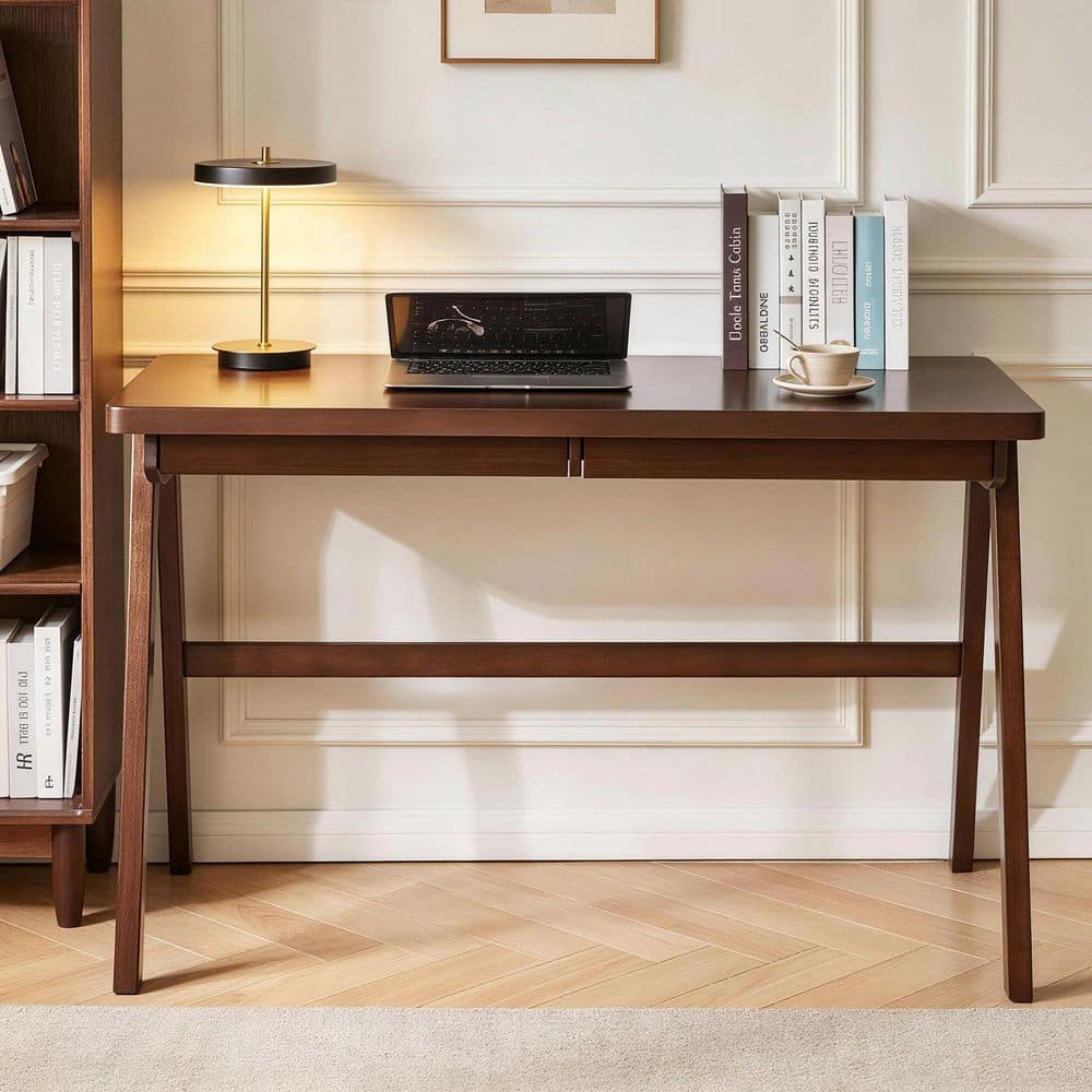 Noble House 47.24 in. W Rectangle Walnut Solid Wood Writing Desk with 2-Drawers