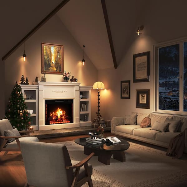 70 in. Freestanding MDF Electric Fireplace TV Stand with Shelves in White