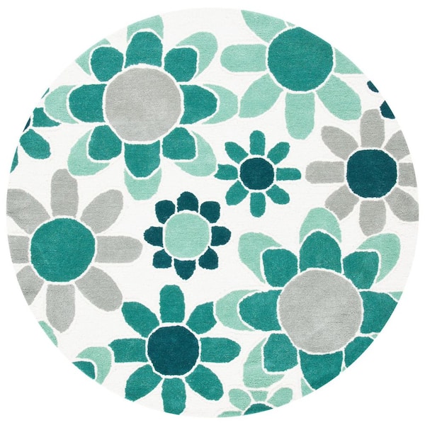 Kids 5 ft. x 5 ft. Ivory/Green Oversized Floral Round Area Rug